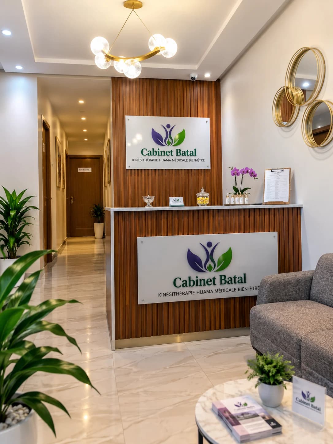 Accueil du Cabinet Batal à Sala Al Jadida, avec son enseigne verte et violette