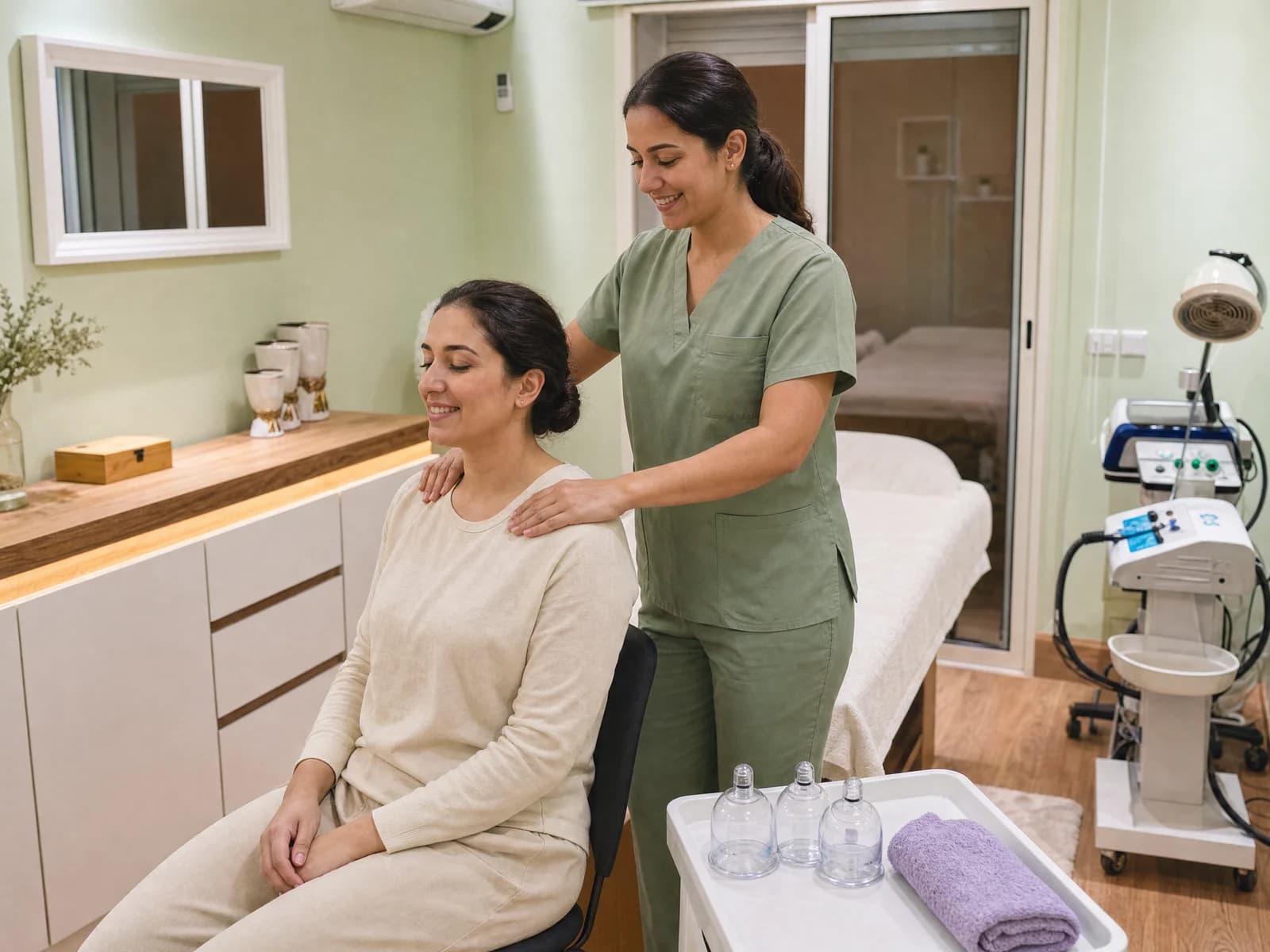 Illustration : massage des épaules sur une patiente habillée, avec des ventouses présentées sur un plateau