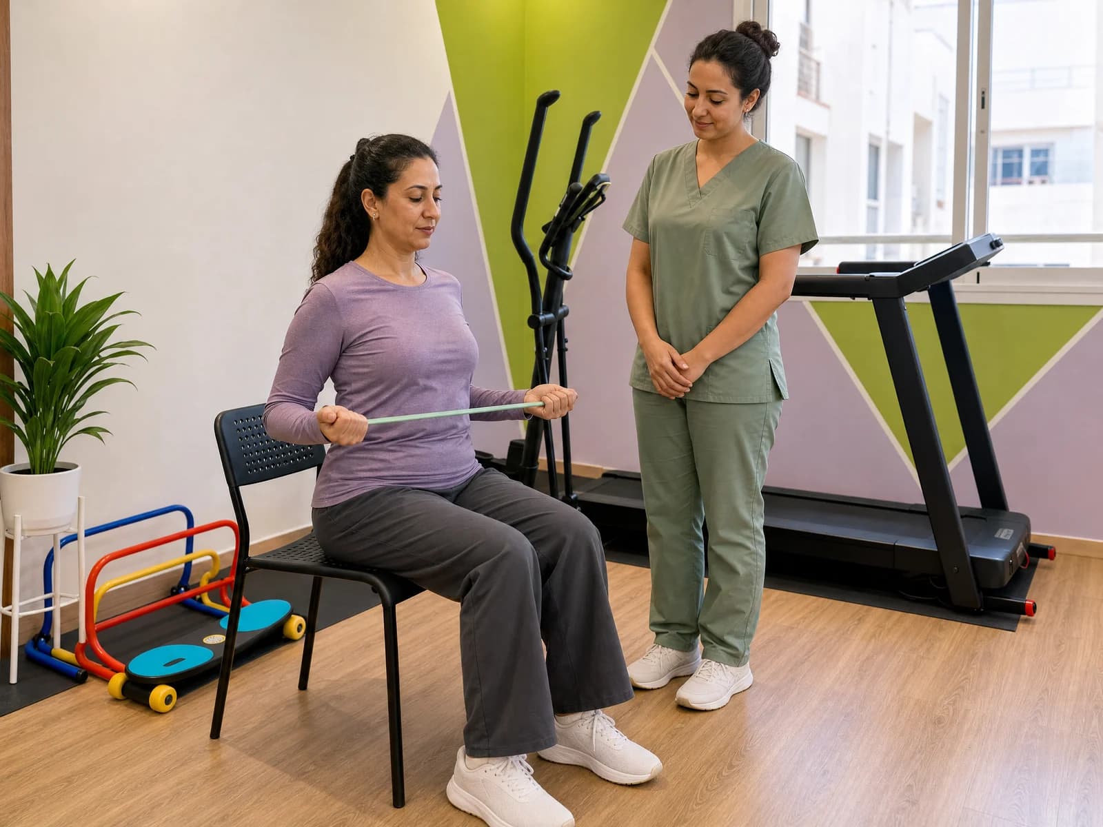 Illustration : exercice accompagné avec un élastique dans une salle aux couleurs vert et violet du cabinet